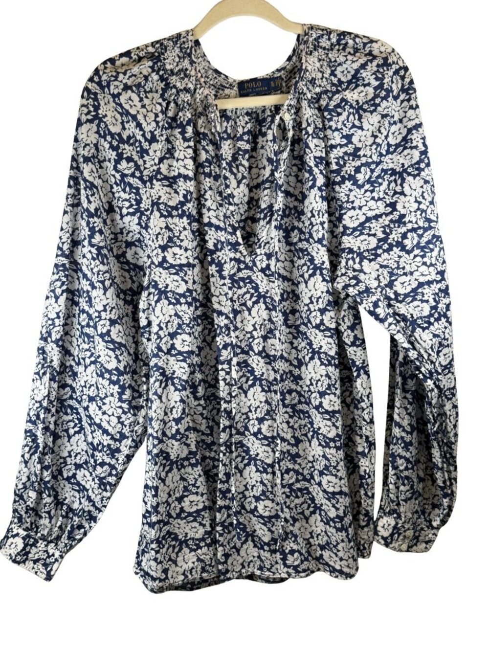Polo Ralph Lauren XL Navy Ivory Floral Smocked Tie Neck Peasant Blouse